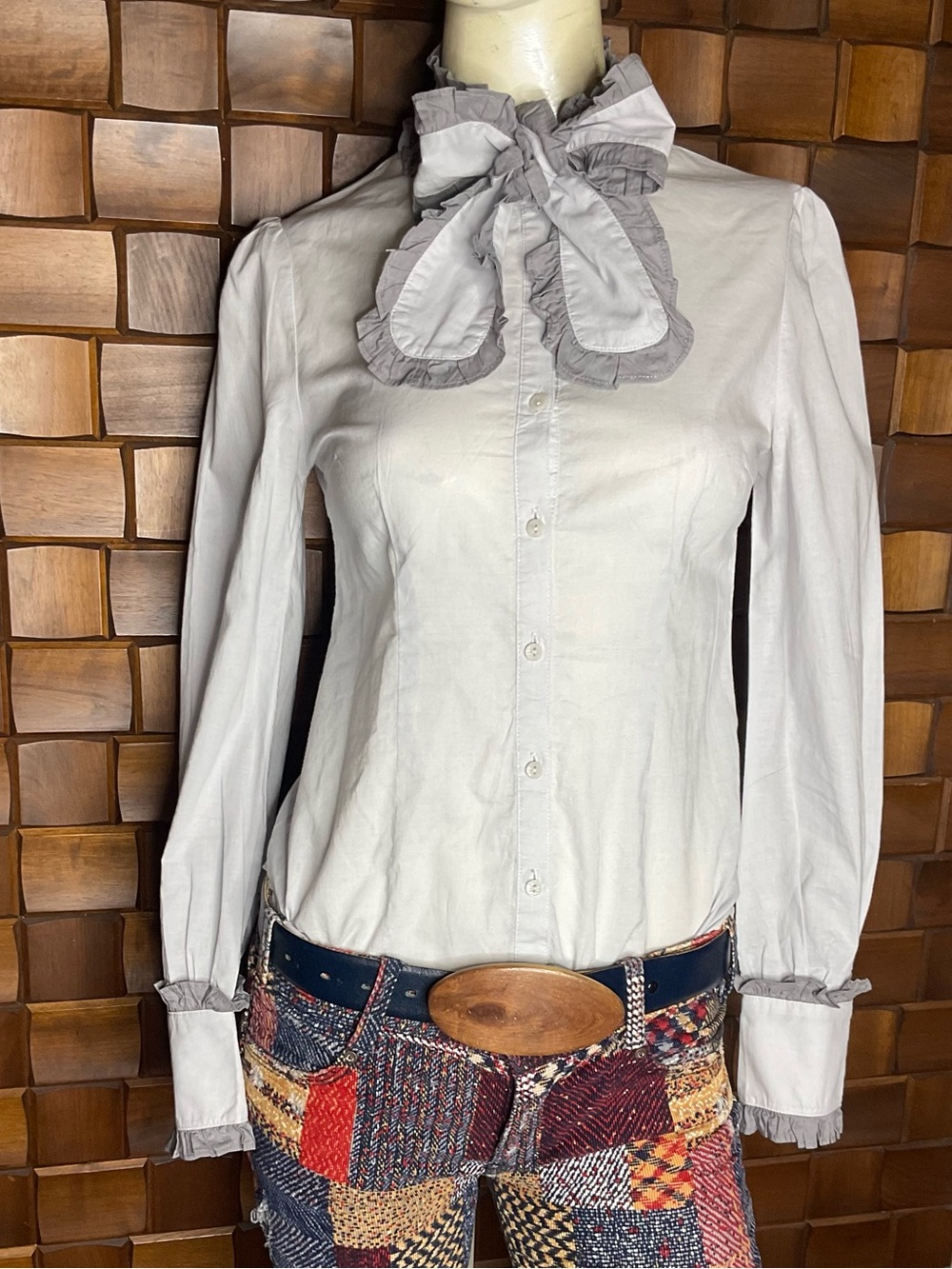 Vintage Ruffled Bow Collar Edwardian Button Down Long Sleeve Gray Blouse Size Sm